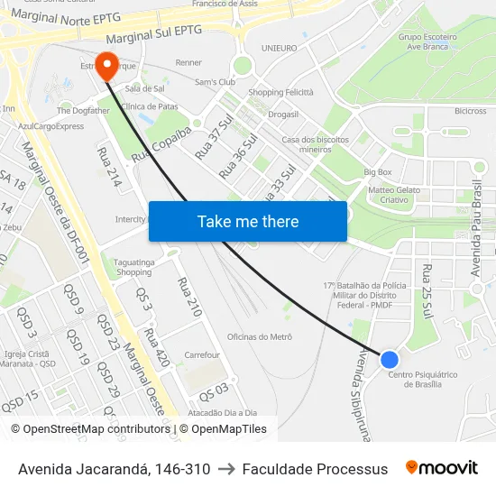 Avenida Jacarandá, 146-310 to Faculdade Processus map