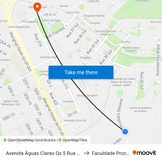 Avenida Águas Claras Qs 5 Rua 400, 1-285 to Faculdade Processus map