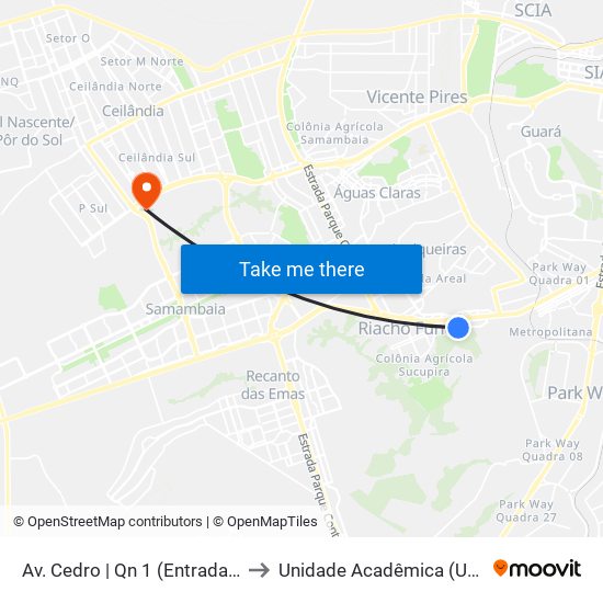 Av. Cedro | Qn 1 (Entrada Do Kanegae) to Unidade Acadêmica (Uac) - Fce / Unb map