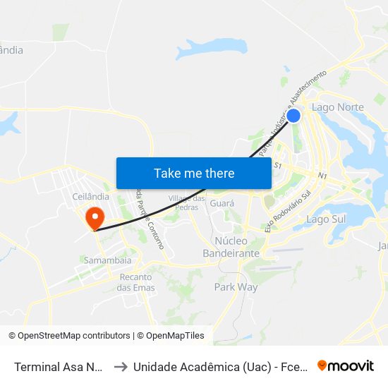 Terminal Asa Norte to Unidade Acadêmica (Uac) - Fce / Unb map