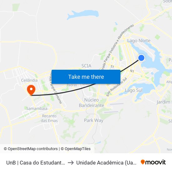 UnB | Casa do Estudante (Bloco A) to Unidade Acadêmica (Uac) - Fce / Unb map