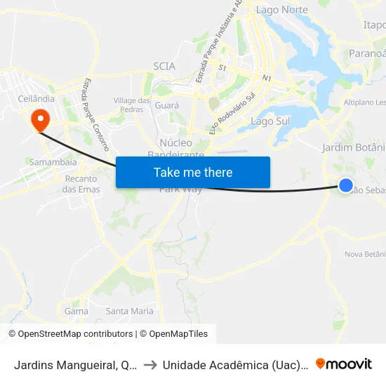Jardins Mangueiral, Quadra 10 to Unidade Acadêmica (Uac) - Fce / Unb map