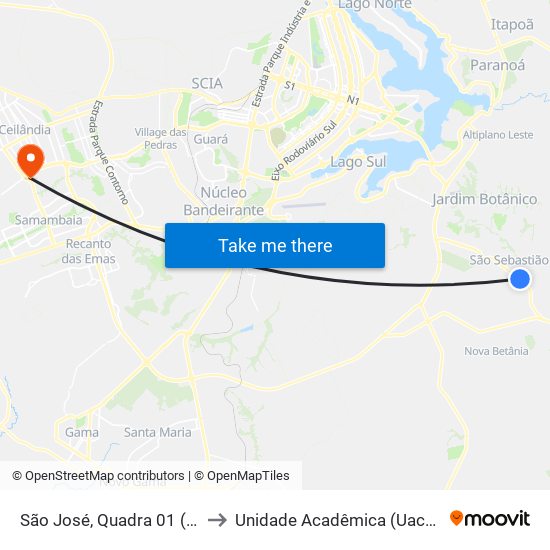 São José, Quadra 01 (Pracinha) to Unidade Acadêmica (Uac) - Fce / Unb map