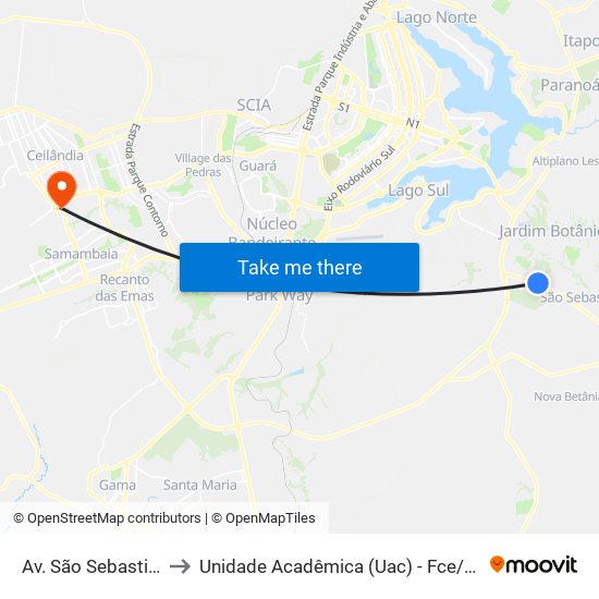 Av. São Sebastião to Unidade Acadêmica (Uac) - Fce / Unb map
