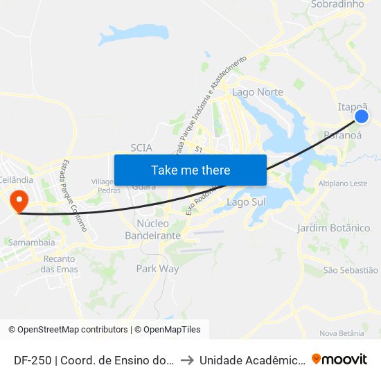 DF-250 | Coord. de Ensino do Paranoá / CED 01 Itapoã to Unidade Acadêmica (Uac) - Fce / Unb map