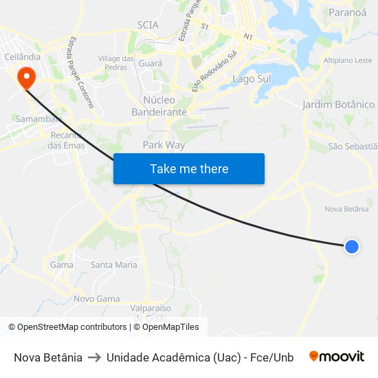 Nova Betânia to Unidade Acadêmica (Uac) - Fce / Unb map