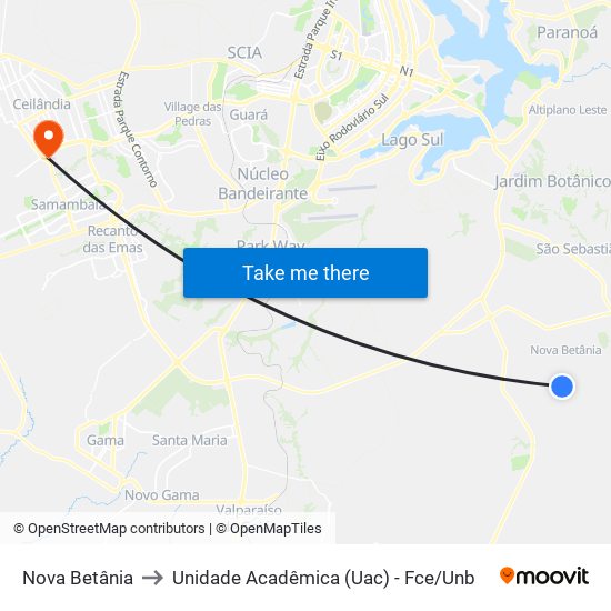 Nova Betânia to Unidade Acadêmica (Uac) - Fce / Unb map