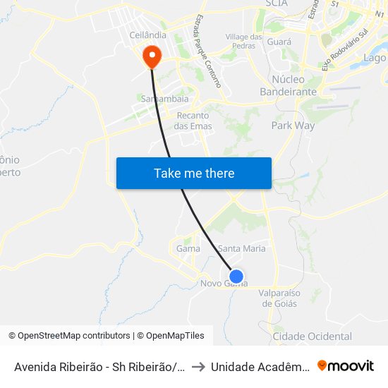 Avenida Ribeirão - Sh Ribeirão/Cond Porto Rico Fase 1 Q 19 D to Unidade Acadêmica (Uac) - Fce / Unb map