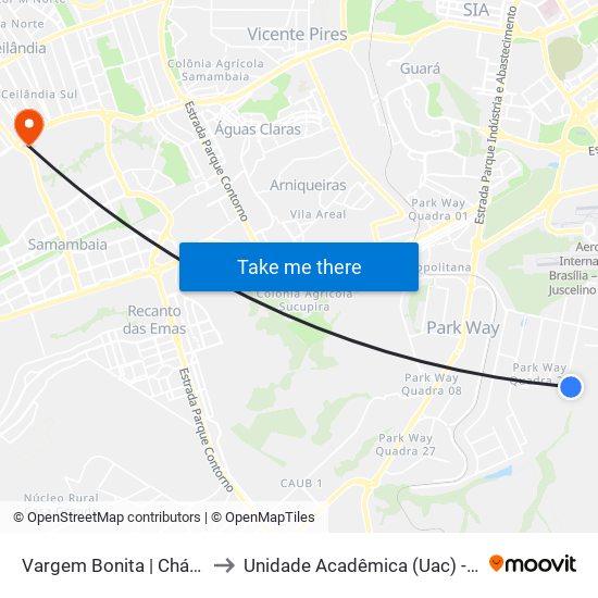 Vargem Bonita | Chácara 37 to Unidade Acadêmica (Uac) - Fce / Unb map