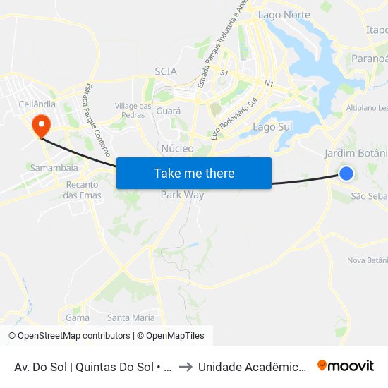Av. Do Sol | Quintas Do Sol • Entrada Rua 102 E 103 to Unidade Acadêmica (Uac) - Fce / Unb map