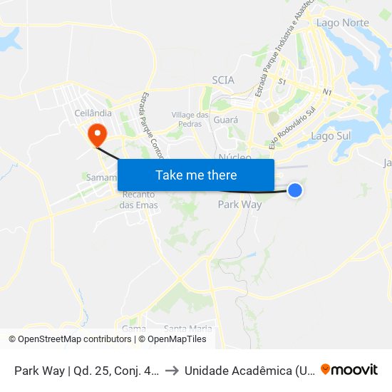 Park Way | Qd. 25, Conj. 4 (Resd. Buritis) to Unidade Acadêmica (Uac) - Fce / Unb map
