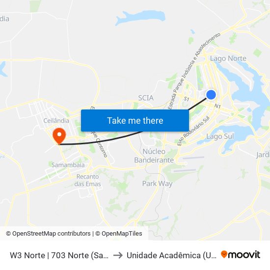 W3 Norte | 703 Norte (Santander / BRB) to Unidade Acadêmica (Uac) - Fce / Unb map