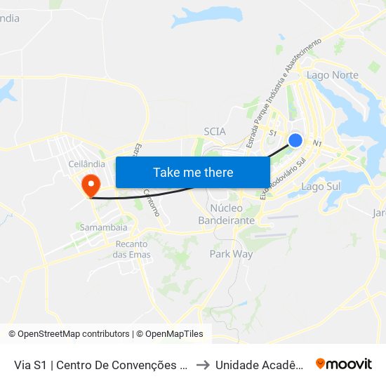 Via S1 | Centro De Convenções / Estádio / Ginásio / Clube Do Choro to Unidade Acadêmica (Uac) - Fce / Unb map