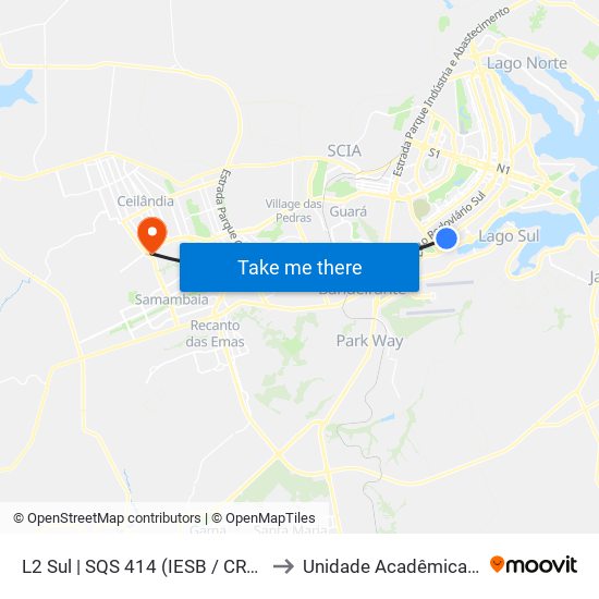 L2 Sul | SQS 414 (IESB / CREAS / Parque Asa Sul) to Unidade Acadêmica (Uac) - Fce / Unb map