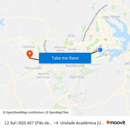 L2 Sul | SQS 407 (Pão de Açúcar / IDP) to Unidade Acadêmica (Uac) - Fce / Unb map