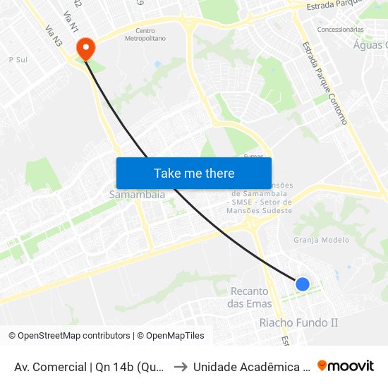 Av. Comercial | Qn 14b (Quase Tudo Utilidades) to Unidade Acadêmica (Uac) - Fce / Unb map