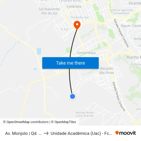 Av. Monjolo | Qd. 511 to Unidade Acadêmica (Uac) - Fce / Unb map