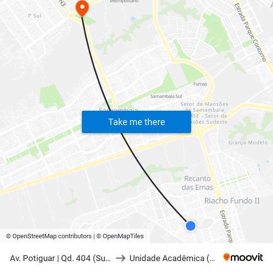 Av. Potiguar | Qd. 404 (Superm. Nacional) to Unidade Acadêmica (Uac) - Fce / Unb map