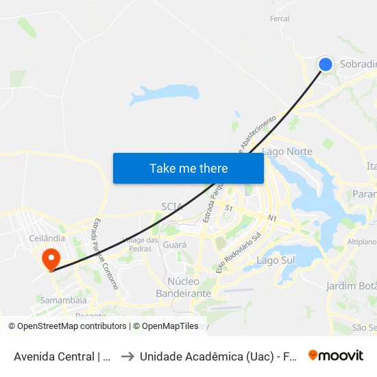 Avenida Central | Ar 10 to Unidade Acadêmica (Uac) - Fce / Unb map