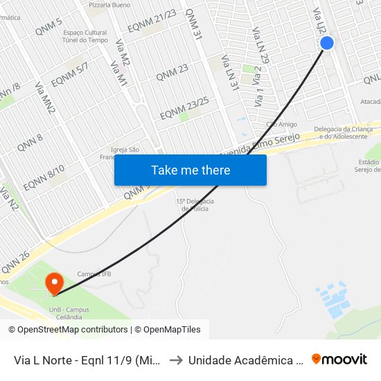 Via L Norte - Eqnl 11/9 (Mineirinho Chopperia) to Unidade Acadêmica (Uac) - Fce / Unb map