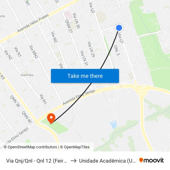 Via Qnj/Qnl - Qnl 12 (Feira Permanente) to Unidade Acadêmica (Uac) - Fce / Unb map