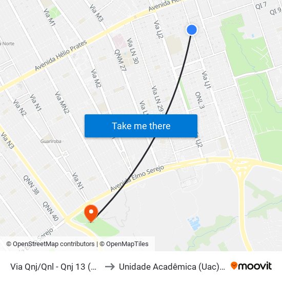 Via Qnj/Qnl - Qnj 13 (Projeção) to Unidade Acadêmica (Uac) - Fce / Unb map