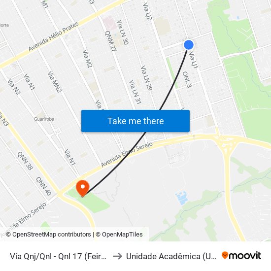 Via Qnj/Qnl - Qnl 17 (Feira Permanente) to Unidade Acadêmica (Uac) - Fce / Unb map