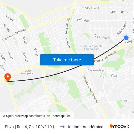 Shvp | Rua 4, Ch. 109/110 (Atacadão Dia A Dia) to Unidade Acadêmica (Uac) - Fce / Unb map