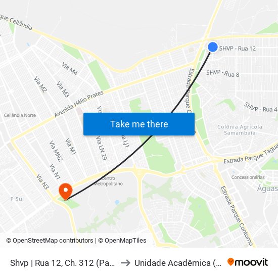 Shvp | Rua 12, Ch. 312 (Parada 12 Lanches) to Unidade Acadêmica (Uac) - Fce / Unb map