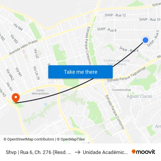 Shvp | Rua 6, Ch. 276 (Resd. Império Das Palmeiras) to Unidade Acadêmica (Uac) - Fce / Unb map