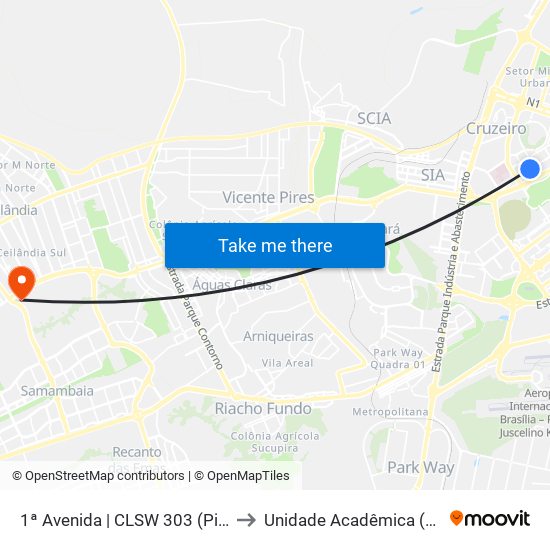 1ª Avenida | CLSW 303 (Pizza Dom Bosco) to Unidade Acadêmica (Uac) - Fce / Unb map