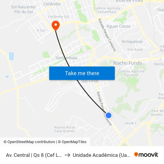 Av. Central | Qs 8 (Cef Lobo Guará) to Unidade Acadêmica (Uac) - Fce / Unb map