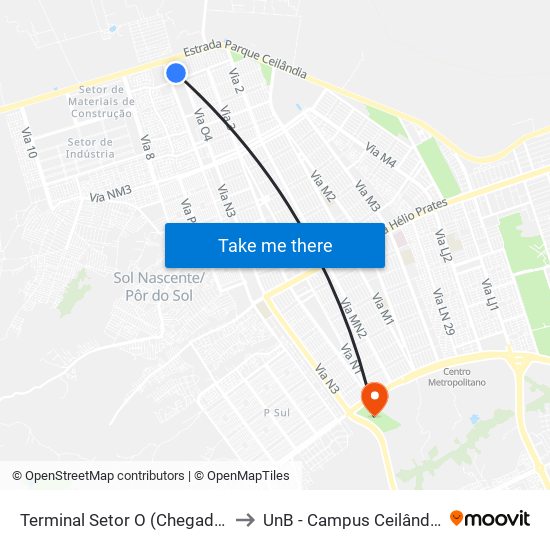 Terminal Setor O (Chegada) to UnB - Campus Ceilândia map