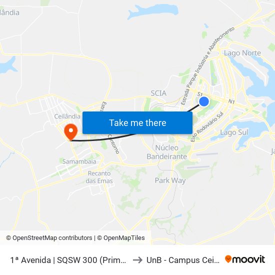 1ª Avenida | SQSW 300 (Primeiro Bar) to UnB - Campus Ceilândia map