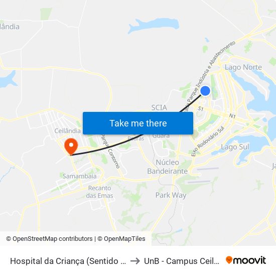 Hospital da Criança (Sentido SAAN) to UnB - Campus Ceilândia map