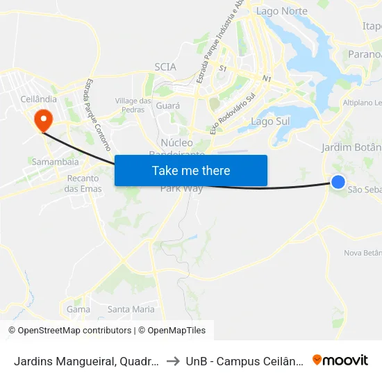 Jardins Mangueiral, Quadra 8 to UnB - Campus Ceilândia map