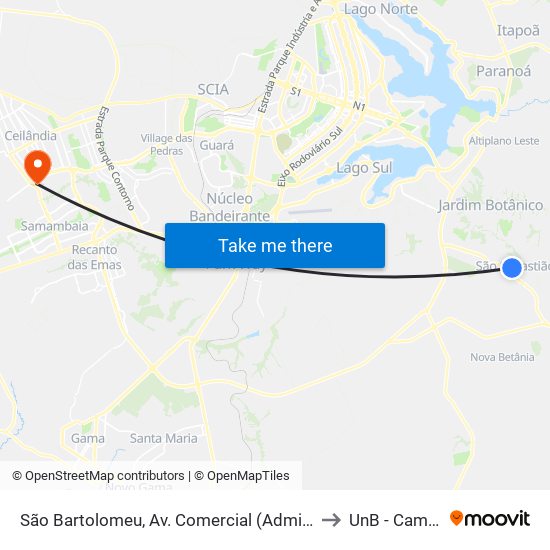 São Bartolomeu, Av. Comercial (Administração Regional De São Sebastião) to UnB - Campus Ceilândia map
