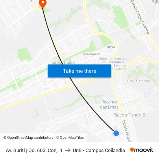Av. Buriti | Qd. 603, Conj. 1 to UnB - Campus Ceilândia map
