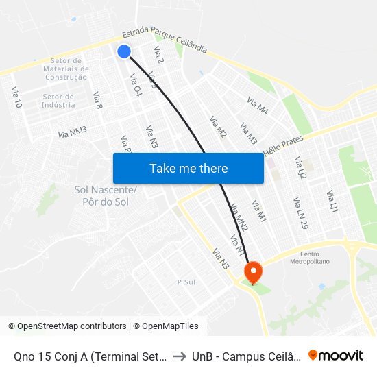 Qno 15 Conj A (Terminal Setor O) to UnB - Campus Ceilândia map