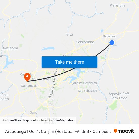 Arapoanga | Qd. 1, Conj. E (Restaurante Panela Velha) to UnB - Campus Ceilândia map