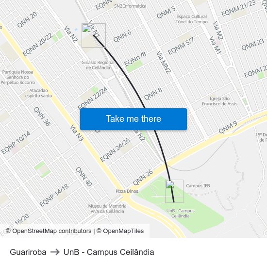 Guariroba to UnB - Campus Ceilândia map