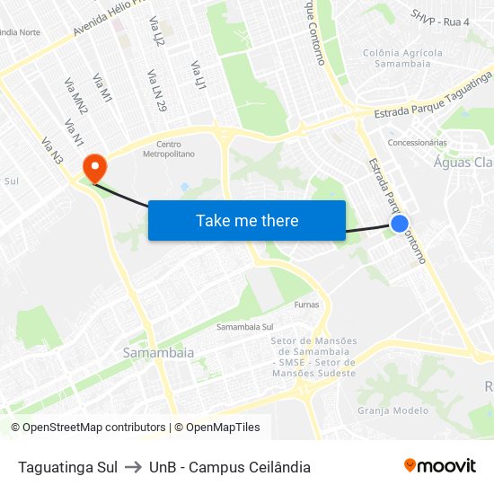 Taguatinga Sul to UnB - Campus Ceilândia map