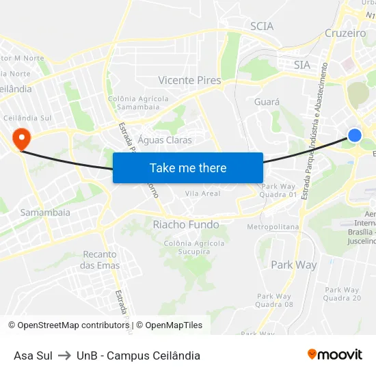 Asa Sul to UnB - Campus Ceilândia map