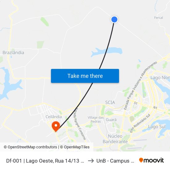Df-001 | Lago Oeste, Rua 14/13 «Lado Oposto» to UnB - Campus Ceilândia map