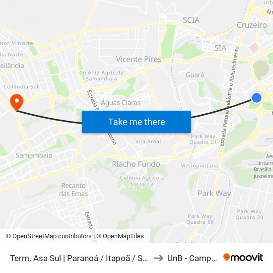 Term. Asa Sul | Paranoá / Itapoã / São Sebastião / J. Mangueiral to UnB - Campus Ceilândia map
