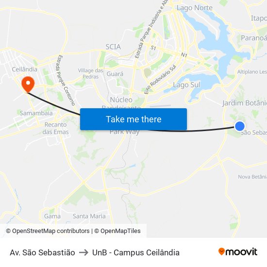 Av. São Sebastião to UnB - Campus Ceilândia map