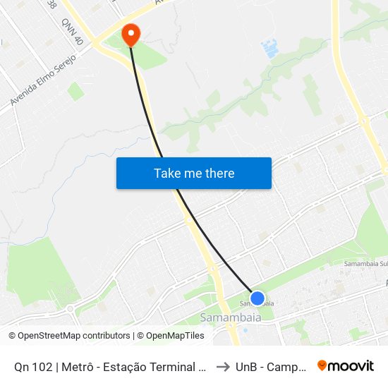 Qn 102 | Metrô - Estação Terminal Samambaia (Lado Oposto) to UnB - Campus Ceilândia map