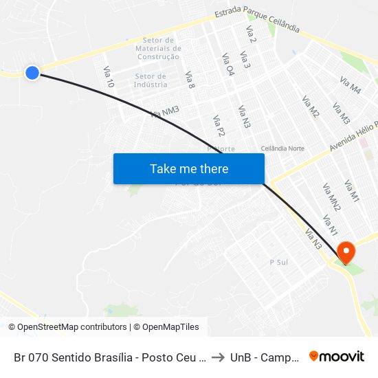 Br 070 Sentido Brasília - Posto Ceu 070 24h (Sem Sinalização) to UnB - Campus Ceilândia map