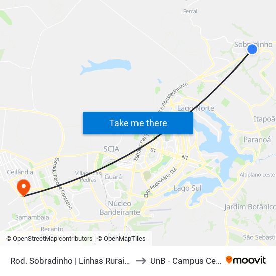 Rod. Sobradinho | Linhas Rurais / DNOCS to UnB - Campus Ceilândia map