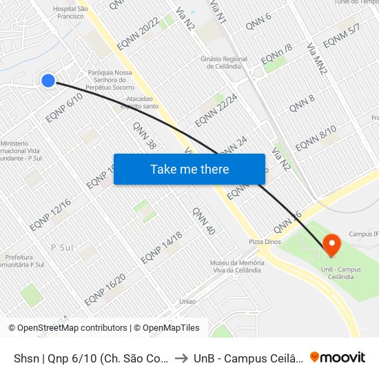 Shsn | Qnp 6/10 (Ch. São Cosmo) to UnB - Campus Ceilândia map